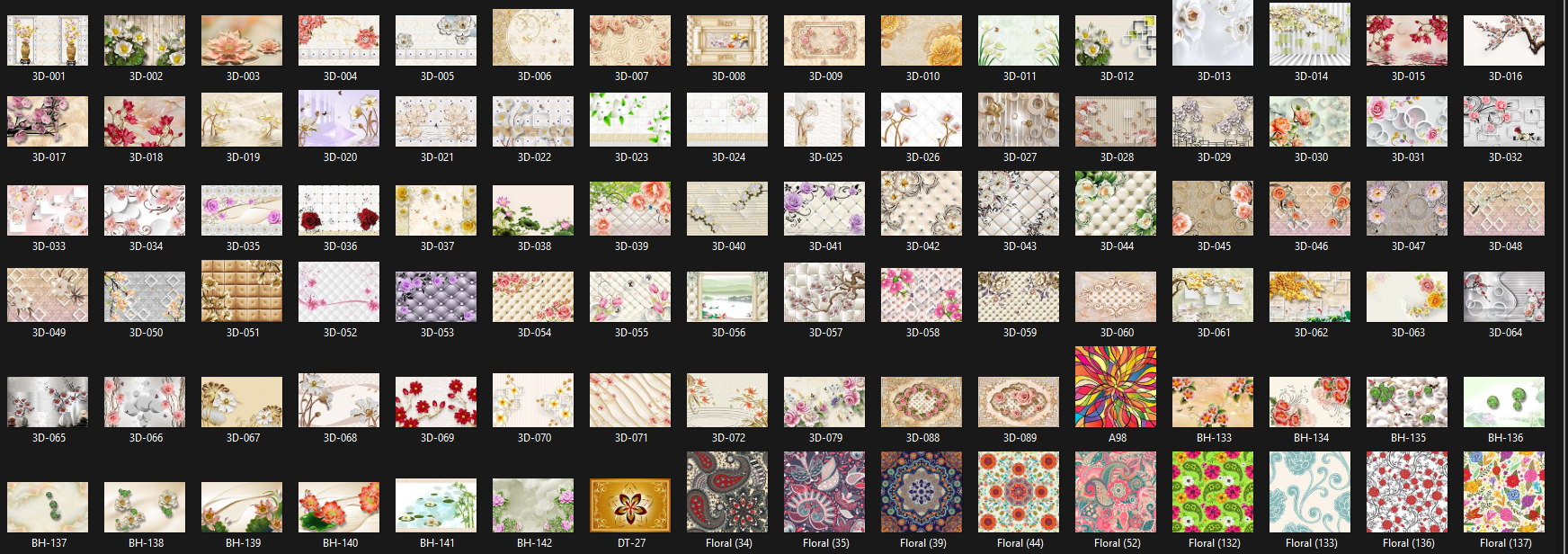 Catalogue sheet showing 3D and floral wallpaper designs