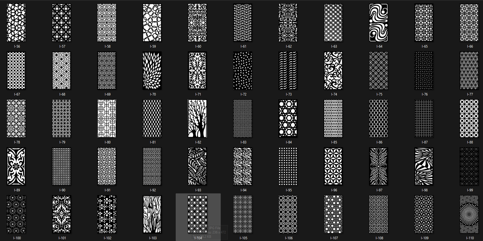 Reference sheet of DXF cutting designs I-56 to I-110