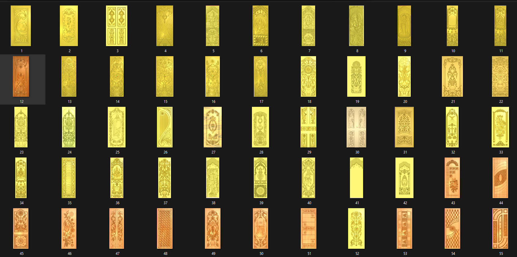 Catalogue sheet showing 55 CNC door carving designs